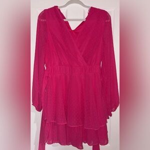Hot Pink Mini Dress with Bow and Puffed Sleeves!